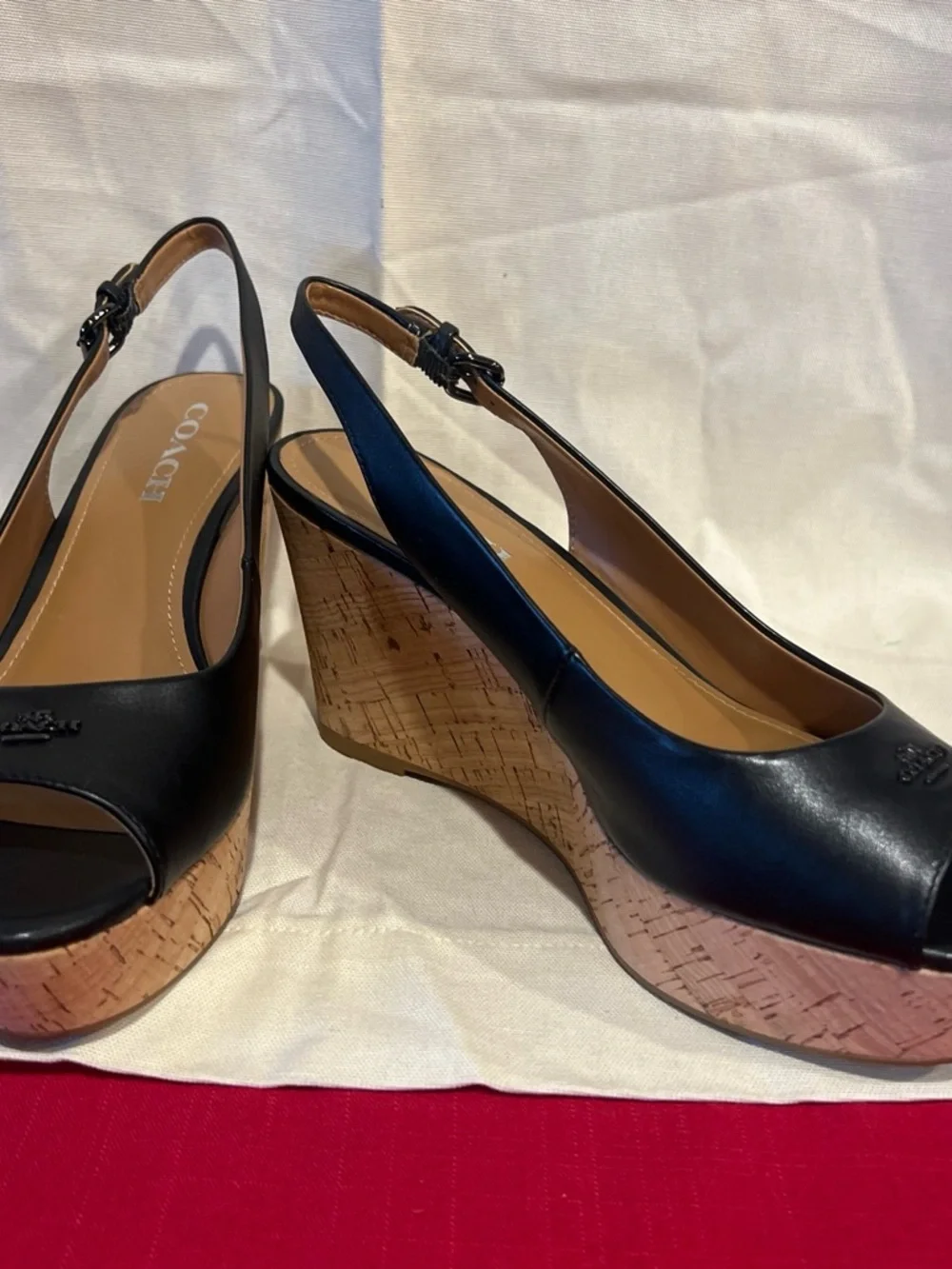 COACH Black Leather Peep-Toe Cork Wedge Slingbacks